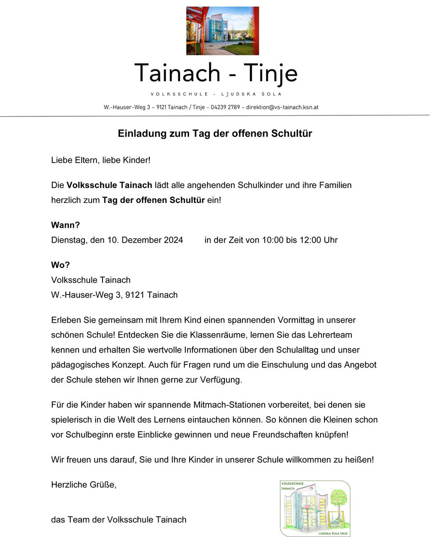 Einladung zum Tag der offenen Schultür der Volksschule Tainach